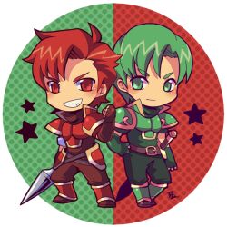 Rule 34 | 2boys, abel (fire emblem), armor, belt, blush, border, brown belt, brown gloves, cain (fire emblem: shadow dragon), chibi, chibi only, clenched hand, closed mouth, fingerless gloves, fire emblem, fire emblem: shadow dragon and the blade of light, full body, gloves, green armor, green eyes, green gloves, green hair, grin, kotorai, male focus, multiple boys, nintendo, no nose, red armor, red eyes, red hair, round border, round image, short hair, smile, star (symbol), white border