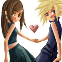 Rule 34 | 1990s (style), alternate costume, cloud strife, final fantasy, final fantasy vii, holding hands, heart, lowres, skirt, tifa lockhart, aged down