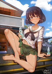 Rule 34 | 1girl, 3d background, arm support, barefoot, black hair, blush, bottle, breasts, cameltoe, collarbone, girls und panzer, green eyes, highres, holding, holding bottle, hoshino (girls und panzer), impossible clothes, large breasts, looking at viewer, megadeko, microskirt, military, military vehicle, motor vehicle, navel, ooarai school uniform, open mouth, outdoors, school uniform, short hair, skirt, smile, solo, spread legs, tank