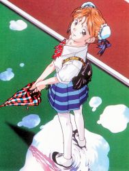 Rule 34 | 1990s (style), 1girl, brown eyes, brown hair, bun cover, double bun, from above, hair bun, hayasaka akira, highres, holding, holding umbrella, looking at viewer, miniskirt, non-web source, official art, pleated skirt, puddle, reflection, retro artstyle, scan, school uniform, shoes, short sleeves, skirt, smile, solo, standing, striped clothes, striped skirt, super real mahjong, tanaka ryou, thighhighs, umbrella, white thighhighs, zettai ryouiki