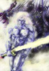 Rule 34 | 1990s (style), 1boy, armor, cecil harvey, dark knight, dark knight (final fantasy), dual persona, energy sword, final fantasy, final fantasy iv, kuu (pixiv582427), long hair, looking at viewer, male focus, muscular, nude, sword, weapon, white hair