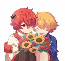 Rule 34 | 2boys, bandage over one eye, bandaid, bandaid on face, bandaid on nose, blonde hair, blue capelet, blue jacket, bouquet, brown shorts, capelet, closed eyes, closed mouth, flag, flower, fukase, head flag, highres, holding, holding bouquet, jacket, ladypau, looking at another, male focus, mini flag, multiple boys, oliver (vocaloid), open mouth, red eyes, red flower, red hair, short hair, shorts, simple background, smile, sunflower, vocaloid, white background, white flower, white jacket, yaoi