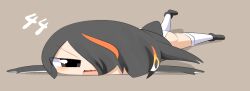 Rule 34 | 1girl, bird tail, black eyes, black footwear, black hair, black jacket, blush, boots, chibi, commentary request, emperor penguin (kemono friends), full body, grey background, hair between eyes, hair over one eye, headphones, jacket, kemono friends, lets0020, long bangs, looking at viewer, lying, multicolored hair, numbered, on stomach, open mouth, orange hair, short hair, simple background, solo, streaked hair, tail, thighhighs, v-shaped eyebrows, white thighhighs