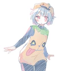 Rule 34 | 1girl, arms at sides, black pants, blue hair, blush, braid, cha ipride, cowboy shot, halloween costume, highres, hyodou shizuku, idoly pride, leaning to the side, legs together, long bangs, long sleeves, looking at viewer, orange shirt, pants, parted lips, pumpkin hat, red eyes, shirt, simple background, solo, thigh gap, white background
