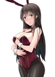 Rule 34 | 1girl, akagi (kancolle), animal ears, between breasts, blush, breasts, brown eyes, brown hair, rabbit ears, rabbit tail, cleavage, collarbone, covered navel, cowboy shot, detached collar, embarrassed, fake animal ears, fake tail, gin&#039;ichi (akacia), kantai collection, large breasts, leotard, long hair, looking at viewer, necktie, necktie between breasts, pantyhose, playboy bunny, red leotard, simple background, solo, straight hair, tail, white background, wrist cuffs
