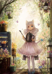 Rule 34 | 1girl, animal ears, arms up, backlighting, birdcage, blue eyes, blue footwear, blurry, bug, butterfly, cage, cat ears, cat tail, daisy, day, depth of field, dress, emon (glossy black), expressionless, fence, flower, hair flower, hair ornament, hanging light, head tilt, heterochromia, holding, holding watering can, indoors, insect, long sleeves, looking at viewer, medium hair, orange flower, orange rose, original, pantyhose, pink dress, pink pantyhose, plant, planter, potted plant, ribbon, rose, silver hair, solo, standing, stone floor, tail, tail ornament, tail ribbon, tree, watering can, wheel, wooden fence, yellow eyes