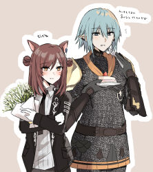 Rule 34 | 1boy, 1girl, animal ear fluff, animal ears, armor, black jacket, black necktie, blue eyes, blue hair, blush, bouquet, brown background, brown eyes, brown hair, cake, cake slice, cat ears, chainmail, collared shirt, double bun, facial mark, final fantasy, final fantasy xiv, flower, food, fork, gloves, grey gloves, hair between eyes, hair bun, hands up, haurchefant greystone, holding, holding bouquet, holding fork, holding plate, jacket, kinona, miqo&#039;te, necktie, open clothes, open jacket, outline, plate, pointy ears, shirt, translation request, whisker markings, white flower, white outline, white shirt