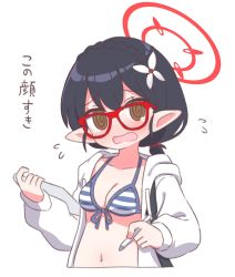 Rule 34 | 1girl, @ @, ayane (blue archive), ayane (swimsuit) (blue archive), bikini, black hair, blue archive, blue bikini, blush, breasts, brown eyes, cleavage, crying, crying with eyes open, flower, glasses, hair flower, hair ornament, halo, highres, holding, holding stylus, holding tablet pc, jacket, medium hair, naga u, navel, open clothes, open jacket, open mouth, pointy ears, short ponytail, simple background, solo, striped bikini, striped clothes, stylus, swimsuit, tablet pc, tears, white background, white bikini, white flower