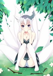 Rule 34 | 1girl, animal ears, barefoot, blue eyes, blush, breasts, cleavage, feet, fox ears, fox tail, highres, looking at viewer, multiple tails, original, otono fei, panties, pantyshot, sitting, solo, striped clothes, striped panties, tail, toes, underwear, white hair