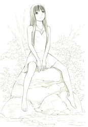 Rule 34 | 1girl, barefoot, dress, jewelry, long hair, looking away, monochrome, necklace, original, rock, sitting, sitting on rock, sketch, solo, traditional media, v arms, yoshitomi akihito