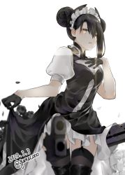 Rule 34 | 1girl, agent (girls&#039; frontline), aiming, aiming at viewer, asymmetrical hair, bad id, bad pixiv id, black dress, black gloves, black hair, black thighhighs, commentary request, cowboy shot, dated, double bun, dress, frilled dress, frills, garter straps, girls&#039; frontline, gloves, grey eyes, gun, hair between eyes, hair bun, half gloves, horns, maid headdress, neko (ganecooo), puffy short sleeves, puffy sleeves, sangvis ferri, short hair, short sleeves, simple background, solo, thighhighs, twitter username, weapon, white background