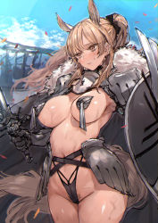 Rule 34 | 1girl, animal ears, arknights, armor, bikini armor, blemishine (arknights), blush, breasts, brown eyes, brown hair, c.cu, cape, confetti, female pubic hair, fur trim, gauntlets, groin, holding, holding sword, holding weapon, horse ears, horse tail, large breasts, long hair, navel, parted lips, ponytail, pubic hair, revealing clothes, shield, solo, sweatdrop, sword, tail, weapon