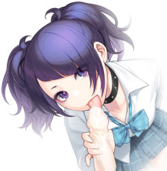 Rule 34 | 1girl, absurdres, blue bow, blue bowtie, blue skirt, bow, bowtie, collar, collared shirt, cum, diagonal bangs, dual wielding, dutch angle, erection, eyeliner, eyes visible through hair, food, hetero, highres, holding, ice cream, idolmaster, idolmaster shiny colors, leaning forward, looking at viewer, makeup, no nose, penis, phallic symbol, plaid, plaid bow, plaid skirt, pleated skirt, purple eyes, purple hair, school uniform, sexually suggestive, shirt, simple background, skirt, smile, solo, spiked collar, spikes, suggestive, suggestive fluid, sunaba suzume, tanaka mamimi, tongue, tongue out, twintails, white background, white shirt, wing collar