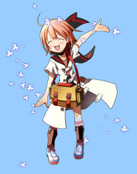 Rule 34 | 1girl, :d, ^ ^, arm up, atlus, bag, belt, belt pouch, blue background, brown hair, buttons, closed eyes, coat, etrian odyssey, medic (sekaiju), open mouth, orange hair, pocket, pouch, short hair, short sleeves, simple background, smile, solo, standing, white coat