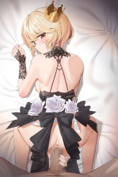 Rule 34 | 1boy, 1girl, anus, ass, bare shoulders, bed sheet, black bow, black ribbon, blonde hair, blush, bow, breasts, censored, closed mouth, clothed female nude male, commission, crown, dark-skinned male, dark skin, doggystyle, erection, flower, foot out of frame, frilled ribbon, frills, from above, guided penetration, hair between eyes, hetero, highres, lace trim, looking at viewer, looking back, lying, mole, mole under eye, mosaic censoring, nipples, no bra, no panties, nude, on bed, on stomach, original, out of frame, penis, penis grab, red eyes, ribbon, sex, sex from behind, sheet grab, short hair, skirt, unworn skirt, small breasts, solo focus, sweatdrop, twin (tt lsh), white flower