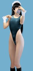 Rule 34 | 1girl, absurdres, bad id, bad pixiv id, bare shoulders, black eyes, black hair, black socks, blue background, blue one-piece swimsuit, blunt bangs, breasts, cellphone, commentary, competition swimsuit, covered erect nipples, female pubic hair, frilled cuffs, hair strand, highleg, highleg swimsuit, highres, hime cut, hiramedousa, holding, holding phone, kneehighs, long hair, looking at object, maid headdress, one-piece swimsuit, original, phone, pubic hair, selfie, simple background, small breasts, smartphone, socks, solo, sparse pubic hair, standing, sticker, swimsuit, very long hair, wrist cuffs