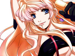 Rule 34 | 00s, 1girl, armpits, arms up, blue eyes, breasts, dearmybrothers, earrings, face, female focus, horohoro, jewelry, long hair, macross, macross frontier, sheryl nome, simple background, solo, suspenders, underboob, white background