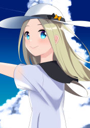 Rule 34 | 1girl, abigail williams (fate), black bow, black sailor collar, blue eyes, blue sky, blush, bow, closed mouth, cloud, cloudy sky, commentary request, day, fate/grand order, fate (series), forehead, hat, hat bow, highres, kogyokuapple, light brown hair, long hair, looking at viewer, looking to the side, orange bow, outdoors, outstretched arm, parted bangs, sailor collar, shirt, short sleeves, sky, smile, solo, sun hat, upper body, white hat, white shirt