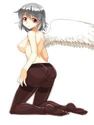 Rule 34 | 1girl, arched back, back, bad id, bad pixiv id, breasts, feathered wings, full body, highres, kishin sagume, kneeling, looking at viewer, looking back, medium breasts, mono (moiky), nipples, panties, panties under pantyhose, pantyhose, red eyes, short hair, silver hair, simple background, single wing, solo, thighband pantyhose, topless, touhou, underwear, white background, white wings, wings