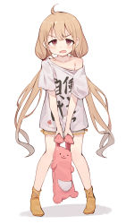 Rule 34 | 1girl, ahoge, annoyed, blonde hair, brown eyes, clothes writing, collarbone, full body, futaba anzu, grabbing another&#039;s ear, grabbing another's ear, highres, holding by the ears, idolmaster, idolmaster cinderella girls, legs apart, long hair, looking at viewer, low twintails, open mouth, oversized clothes, shirt, shone, short sleeves, simple background, single bare shoulder, solo, standing, stuffed animal, stuffed rabbit, stuffed toy, t-shirt, twintails, very long hair, white background, you work you lose