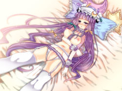 Rule 34 | 1girl, bed, blush, breasts, crescent, female focus, garter belt, hat, long hair, lying, nipples, patchouli knowledge, purple eyes, purple hair, pussy, sakayaki (burning soul), solo, sweat, swimsuit, thighhighs, touhou, uncensored, very long hair, white thighhighs