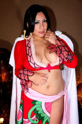 Rule 34 | 1girl, asian, black hair, blue eyes, boa hancock, boa hancock (cosplay), breasts, chouzuki maryou, cosplay, earrings, hip focus, jewelry, large breasts, one piece, photo (medium), plump, solo, thick thighs, thighs, wide hips