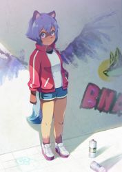 Rule 34 | 1girl, absurdres, animal ears, blue eyes, brand new animal, brown fur, day, furry, furry female, graffiti, highres, ichigotoofu, jacket, kagemori michiru, long sleeves, looking at viewer, multicolored eyes, outdoors, pink eyes, raccoon ears, raccoon girl, raccoon tail, red jacket, shirt, shoes, short hair, shorts, sneakers, solo, spray can, standing, tail, track jacket, white footwear, white shirt