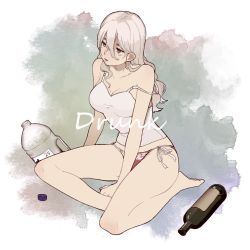 Rule 34 | 1girl, alcohol, barefoot, bottle, breasts, brown eyes, cleavage, drunk, english text, grey hair, hair between eyes, kantai collection, large breasts, legs, long hair, off shoulder, open mouth, panties, pola (kancolle), red panties, side-tie panties, simple background, sitting, solo, sukekiyo (skky 0), tank top, thighs, underwear, white tank top