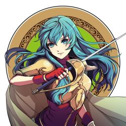 Rule 34 | 1girl, armor, bad id, bad twitter id, blue eyes, blue hair, breastplate, cape, eirika (fire emblem), fingerless gloves, fire emblem, fire emblem: the sacred stones, gloves, holding, holding sword, holding weapon, kokouno oyazi, long hair, looking at viewer, nintendo, pauldrons, rapier, shoulder armor, smile, solo, sword, weapon
