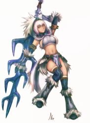 Rule 34 | 1girl, abs, bandeau, boots, breasts, brown eyes, capcom, elbow gloves, gloves, hairband, horns, kirin (armor), large breasts, long hair, midriff, monster hunter (series), navel, short hair, single horn, smile, solo, strapless, sword, thighhighs, tube top, weapon, white hair