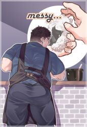 Rule 34 | 1boy, absurdres, apron, ass, ass focus, bara, beard stubble, black hair, blush, brown apron, collared shirt, contrapposto, cooking, english text, facial hair, fat, fat man, feet out of frame, food, food on hand, from behind, goatee, goatee stubble, highres, kitchen, long sideburns, looking at viewer, looking back, love handles, male focus, mature male, onigiri, original, osu (osumankokuou), pants, plump salaryman (osu), shirt, short hair, sideburns, sideburns stubble, solo, standing, stubble, sweatdrop, thick eyebrows, thick thighs, thighs