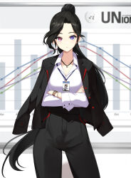 Rule 34 | 1girl, bai winchester, bar graph, black hair, black jacket, black pants, blurry, blurry background, breasts, business suit, cleavage, closers, collared shirt, cowboy shot, crossed arms, dress shirt, formal, graph (object), heterochromia, highres, id card, jacket, jacket on shoulders, jewelry, lanyard, long hair, long sleeves, looking at viewer, medium breasts, office lady, official art, pant suit, pants, parted lips, pendant, pink eyes, ponytail, purple eyes, shirt, shirt tucked in, solo, suit, suit jacket, very long hair, watch, white background, white shirt, wristwatch