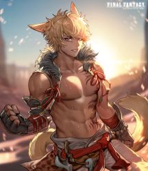 Rule 34 | 1boy, abs, absurdres, animal ears, arm at side, warrior of light (ff14), backlighting, bare shoulders, blonde hair, cat ears, cat tail, chest tattoo, clenched hands, collarbone, commission, copyright name, cowboy shot, day, fang, fictional persona, final fantasy, final fantasy xiv, fingerless gloves, fur collar, gloves, grin, hajun (hey sangha), hand up, highres, huge filesize, lips, looking at viewer, male focus, miqo&#039;te, monk (final fantasy), navel, nipples, open clothes, open vest, outdoors, pants, pectorals, purple eyes, short hair, smile, solo, stomach, stomach tattoo, sun, sweat, tail, tattoo, toned, twitter username, vest, watermark, web address
