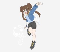 Rule 34 | 1girl, :d, alternate costume, belt, black footwear, blue shirt, bright pupils, brown hair, commentary request, creatures (company), double bun, full body, game freak, gen 5 pokemon, grey background, hair bun, happy, highres, jacket, jayj 824, leg up, long hair, nintendo, open clothes, open jacket, open mouth, oshawott, pokemon, pokemon bw2, rosa (pokemon), shirt, shoes, shorts, smile, sneakers, tongue, twintails, v, white pupils