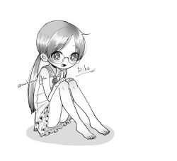 1girl :d bare_legs bare_shoulders barefoot blush dress full_body glasses greyscale long_hair looking_at_viewer made_in_abyss makaroni_ghn monochrome open_mouth riko_(made_in_abyss) simple_background sitting sleeveless smile solo toes twintails twitter_username whistle whistle_around_neck