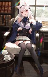 Rule 34 | absurdres, animal ears, bare shoulders, black skirt, black thighhighs, book, book on lap, bookshelf, chair, hairband, highres, holding, holding quill, off shoulder, open book, original, pleated skirt, quill, rainbow, red eyes, sagiri (ulpha220), sitting, skirt, thighhighs, white hair, window