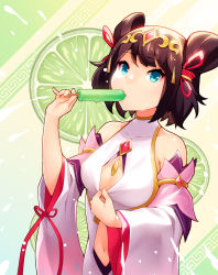 Rule 34 | 1girl, blue eyes, breasts, brown hair, china dress, chinese clothes, cleavage cutout, clothing cutout, commentary, detached sleeves, dragalia lost, dress, english commentary, food, headpiece, highres, lin you, looking at viewer, navel, navel cutout, pink dress, popsicle, ricegnat, short hair, small breasts, solo, standing, swept bangs, upper body