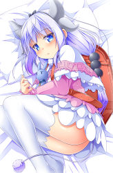 Rule 34 | 10s, 1girl, anni minto, ass, backpack, bag, beads, bed sheet, black bow, black hairband, blouse, blue eyes, blunt bangs, blush, bow, capelet, charm (object), closed mouth, cross-laced clothes, dragon girl, dragon horns, dress, frilled capelet, frilled skirt, frills, fur trim, gothic lolita, gradient hair, hair beads, hair bow, hair ornament, hairband, highres, horns, kanna kamui, knees up, kobayashi-san chi no maidragon, legs together, light purple hair, lolita fashion, long hair, long sleeves, looking at viewer, low twintails, lying, microdress, multicolored hair, no panties, no shoes, on bed, on side, pillow, purple hair, randoseru, school bag, shirt, skirt, solo, tail, thighhighs, twintails, white thighhighs