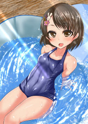 Rule 34 | 10s, 1girl, :3, bare arms, bare legs, bare shoulders, black hair, breasts, collarbone, covered navel, eku (threshold), eyebrows, female focus, hair ornament, hairclip, idolmaster, idolmaster cinderella girls, leaning back, looking at viewer, one-piece swimsuit, open mouth, sasaki chie, shiny skin, sitting, small breasts, solo, swimsuit, water, wet