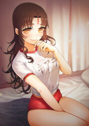 Rule 34 | 1girl, between legs, black hair, breasts, buruma, character name, closed mouth, commentary, curtains, fate/extra, fate/extra ccc, fate/grand order, fate (series), feet out of frame, forehead tattoo, gym shirt, gym uniform, hand between legs, hand up, indoors, light blush, lips, long hair, looking at viewer, medium breasts, name tag, on bed, parted bangs, red buruma, revision, sessyoin kiara, shirt, short sleeves, sitting, smile, solo, sungwon, third-party source, white shirt, yellow eyes