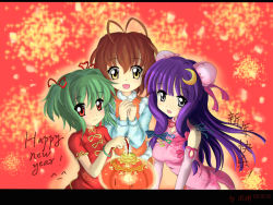 Rule 34 | 00s, 3girls, :d, alternate hairstyle, antenna hair, brown eyes, brown hair, bun cover, china dress, chinese clothes, chinese new year, chinese text, clannad, crescent, crescent hair ornament, crescent moon, crossover, double bun, dress, elbow gloves, furukawa nagisa, gloves, green hair, grey eyes, hair ornament, hair ribbon, lantern, leaning forward, letterboxed, long hair, moon, multiple girls, new year, north abyssor, open mouth, own hands clasped, own hands together, patchouli knowledge, purple eyes, purple hair, red eyes, ribbon, smile, touhou, twintails