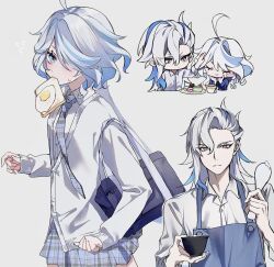 Rule 34 | 1boy, 1girl, ahoge, alternate costume, bag, blue eyes, blue hair, blush, bowl, bread slice, cake, cake slice, closed eyes, cup, food, food in mouth, furina (genshin impact), genshin impact, grey background, hair between eyes, highres, holding, holding bowl, holding cup, kumo ff, light blue hair, long hair, long sleeves, looking at viewer, mouth hold, multicolored hair, necktie, neuvillette (genshin impact), plate, purple eyes, scone, shirt, shoulder bag, sidelocks, simple background, skirt, smile, streaked hair, sweatdrop, toast, toast in mouth, two-tone hair, v-shaped eyebrows, white shirt