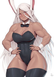 Rule 34 | 1girl, absurdres, animal ears, black bow, black bowtie, boku no hero academia, bow, bowtie, breasts, cleavage, dark-skinned female, dark skin, detached collar, hand on own hip, highres, large breasts, leotard, long hair, mirko, muscular, muscular female, playboy bunny, rabbit ears, red eyes, smile, solo, speedl00ver, standing, tagme, thighhighs, white bunny ears, white hair