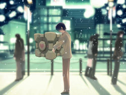 Rule 34 | 1boy, 3d, 3girls, 4boys, aperture science weighted companion cube, black hair, blurry, boots, briefcase, building, city, coat, couple, crossover, cube, depth of field, faceless, faceless male, from side, hand in pocket, heart, height difference, hetero, hug, kida tokinori, knee boots, lamppost, lights, loafers, long hair, miniskirt, multiple boys, multiple girls, nakamura takeshi, outdoors, pants, parody, pleated skirt, portal (series), portal 1, railing, road, shadow, shoes, short hair, skirt, snow, solo focus, standing, street, tenshi no inai 12-gatsu, third-party edit, valve