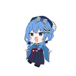 Rule 34 | 1girl, :d, beret, blue bow, blue eyes, blue footwear, blue hair, blue hakama, blue headwear, blue kimono, blush stickers, bow, bowtie, braid, chibi, commentary request, double-parted bangs, earrings, fishnets, flower, french braid, furrowed brow, giao2 ng, hair bow, hair flower, hair ornament, hair tie, hakama, hakama skirt, hashtag-only commentary, hat, highres, hololive, hoshimachi suisei, hoshimachi suisei (new year), japanese clothes, jewelry, kimono, long hair, low twintails, obi, official alternate costume, official alternate hairstyle, open mouth, pantyhose, purple flower, purple sash, purple pantyhose, red bow, sash, sidelocks, simple background, skirt, smile, star (symbol), star earrings, star ornament, striped bow, tassel, twin braids, twintails, virtual youtuber, waist bow, white background, white bow, yellow bow, yellow bowtie