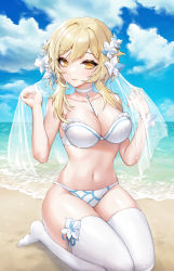 Rule 34 | 1girl, absurdres, beach, bikini, blonde hair, blue sky, breasts, choker, cleavage, closed mouth, cloud, collarbone, commentary, flower, genshin impact, hair flower, hair ornament, hands up, highres, kneeling, large breasts, looking at viewer, lumine (genshin impact), navel, no shoes, ocean, raku (clearpage), sand, see-through, seiza, short hair with long locks, sitting, skindentation, sky, smile, solo, stomach, swimsuit, thighhighs, thighs, water, wet, white bikini, white choker, white flower, white thighhighs, white veil, wrist flower, yellow eyes
