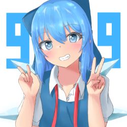 Rule 34 | 1girl, alternate hair length, alternate hairstyle, blue bow, blue dress, blue eyes, blue hair, blush, bow, bright pupils, circled 9, cirno, collarbone, commentary request, double v, dress, grin, hair between eyes, hair bow, hands up, head tilt, ice, ice wings, long hair, looking at viewer, mizune (winter), neck ribbon, puffy short sleeves, puffy sleeves, short sleeves, simple background, smile, solo, touhou, undone neck ribbon, undone neckwear, upper body, v, white background, white pupils, wing collar, wings