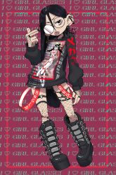 Rule 34 | 1girl, black eyes, black footwear, black hair, black nails, black shirt, boots, cross, ear piercing, earrings, fishnets, full body, glasses, goth fashion, gothic, hair between eyes, hand up, highres, inverted cross, jewelry, long hair, looking at viewer, nail polish, original, oshii (suwafro), patterned background, pentagram, piercing, print shirt, round eyewear, shirt, solo, standing, suwafro, thighhighs, tongue, tongue out, very long hair