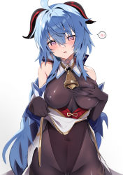 Rule 34 | 1girl, @ @, absurdres, ahoge, bare shoulders, bell, black gloves, black leotard, blue hair, blush, bodystocking, bodysuit, breasts, brown pantyhose, clothes lift, covered erect nipples, covered navel, cowboy shot, detached sleeves, dress, embarrassed, ganyu (genshin impact), genshin impact, gloves, gold trim, grabbing own breast, groin, highres, horns, large breasts, leotard, leotard under clothes, lifted by self, long hair, looking at viewer, neck bell, pantyhose, parted lips, pelvic curtain, pelvic curtain lift, purple eyes, sidelocks, solo, spoken blush, standing, sweat, togo (korlsj1235), white background, white dress