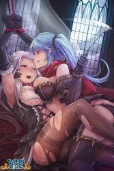 Rule 34 | 2girls, bad id, bad pixiv id, bdsm, blue hair, blush, bondage, bound, bound wrists, bra, breasts, cleavage, dress, femdom, flower, frills, garter straps, holding, holding riding crop, lace, lace-trimmed bra, lace-trimmed legwear, lace-trimmed panties, lace trim, large breasts, long hair, luna flina, luthica preventer, moon, multiple girls, panties, panties under pantyhose, pantyhose, parted bangs, rebe11, red eyes, restrained, ribbon, riding crop, rope, silver hair, smile, sword girls, thighhighs, torn clothes, torn legwear, twintails, underwear, whip, yuri